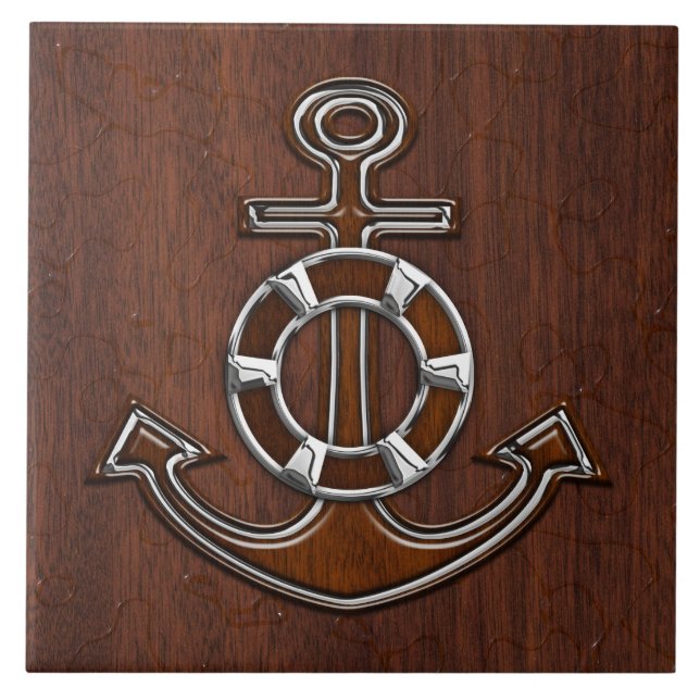 Nautical Mahogany Anchor Steel Decor Fliese (Vorderseite)