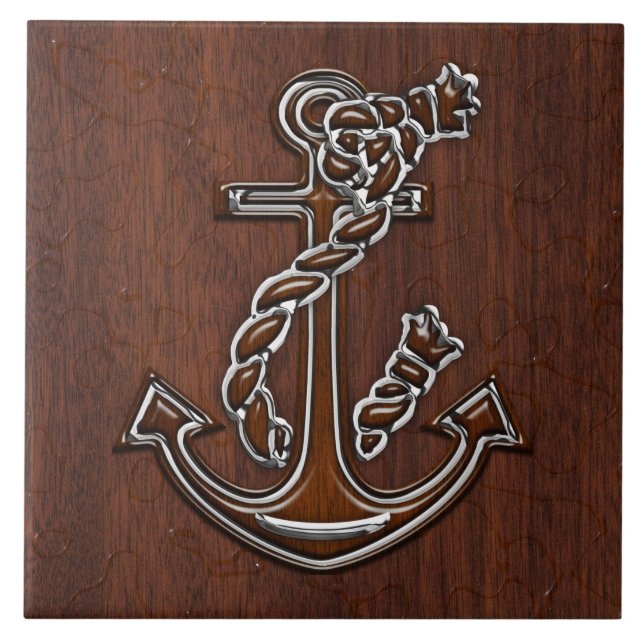 Nautical Mahogany Anchor Steel Decor Fliese (Vorderseite)