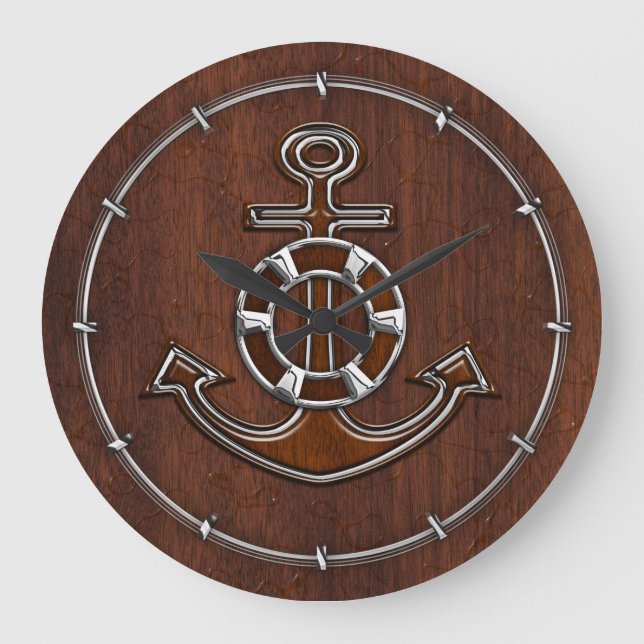 Nautical Mahogany Anchor Steel Große Wanduhr (Vorderseite)