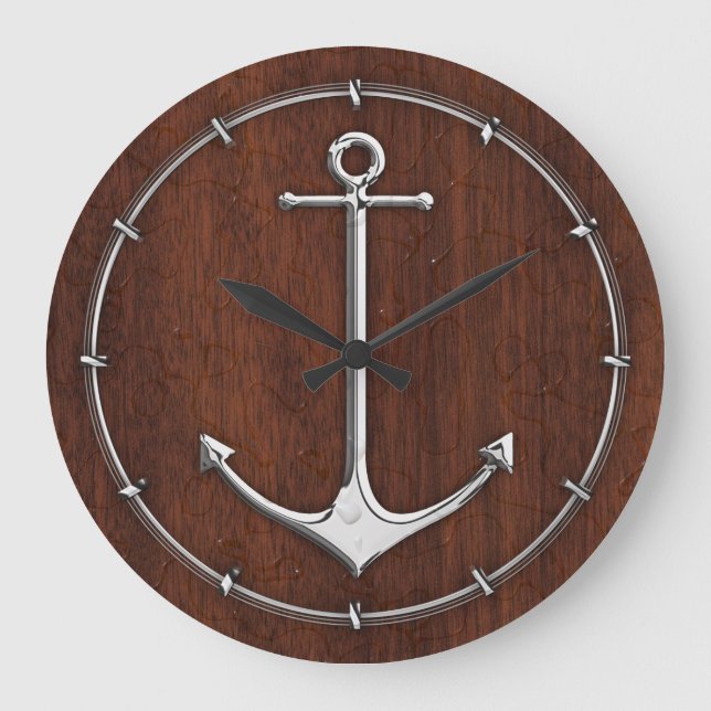 Nautical Mahogany Anchor Steel Große Wanduhr (Vorderseite)