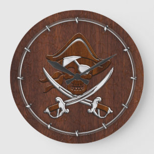 Nautical Mahogany Pirate Skull Steel Große Wanduhr