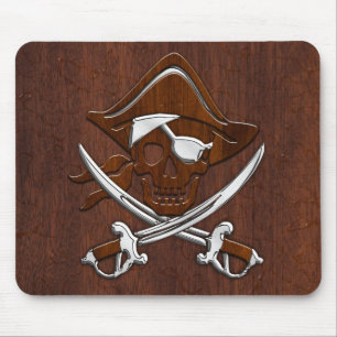 Nautical Mahogany Pirate Skull Steel Mousepad