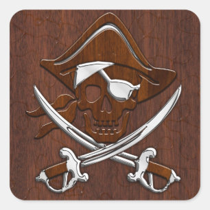 Nautical Mahogany Pirate Skull Steel Quadratischer Aufkleber