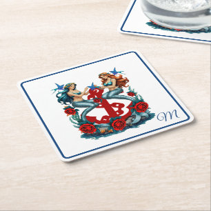 Nautical Mermaid Floral Red Blue Rechteckiger Pappuntersetzer