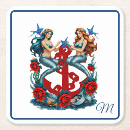 Nautical Mermaid Floral Red Blue Rechteckiger Pappuntersetzer