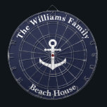 Nautical Midnight Blue mit weißem Anker und Text Dartscheibe<br><div class="desc">In der Mitte dieses dunkelblauen Dartboards befindet sich ein weißer Bootanker. Außerdem können Sie zwei Zeilen weißen Bildschirmtext bearbeiten (Abbildung: Das Williams Family Beach House).</div>