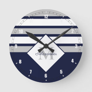 Nautical Modern Navy Blue Gray Stripes Monogram Runde Wanduhr