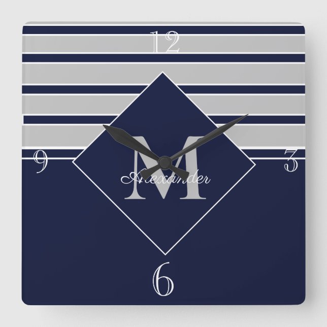 Nautical Modern Navy Gray Monogramm, monogrammatis Quadratische Wanduhr (Vorderseite)