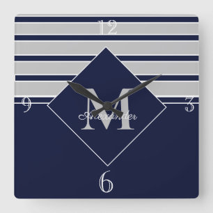 Nautical Modern Navy Gray monogramMonogrammed Red  Quadratische Wanduhr