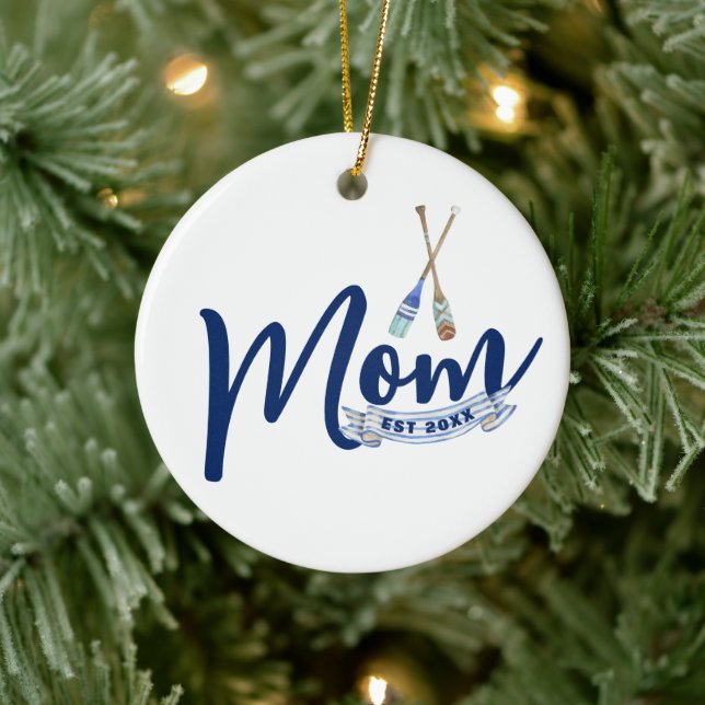 Nautical Mom Established Navy Blue Script  Keramik Ornament (Baum)