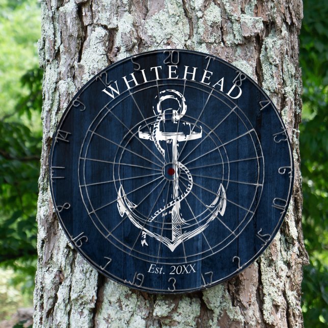 Nautical Monogram Anchor Navy Blue Wood Dartscheibe (Personalized nautical anchor design. Great for a family reunion, wedding, or family gift.)
