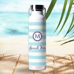Nautical Monogram Beach Vibes Blue White Striping Trinkflasche