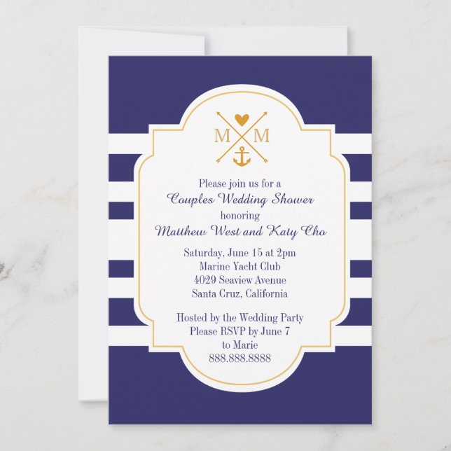 Nautical Monogram Couples Wedding Brautparty Einladung (Vorderseite)