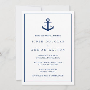 Nautical Monogram Navy Blue Anchor Spanish Wedding Einladung