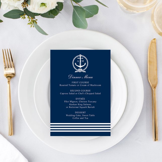 Nautical Navy Anchor Wedding Monogram Dinner Menükarte (Von Creator hochgeladen)