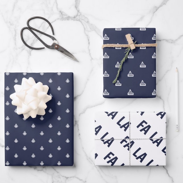 Nautical Navy and White Fa La La Geschenkpapier Set (Vorderseite)