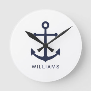 Nautical Navy Blue Anchor and Custom Name Runde Wanduhr