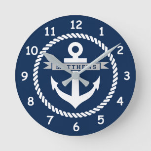 Nautical navy blue anchor and rope personalized runde wanduhr