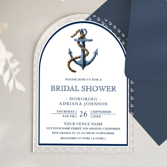 Nautical Navy Blue Anchor Arch Bridal Shower Acryleinladungen (Von Creator hochgeladen)