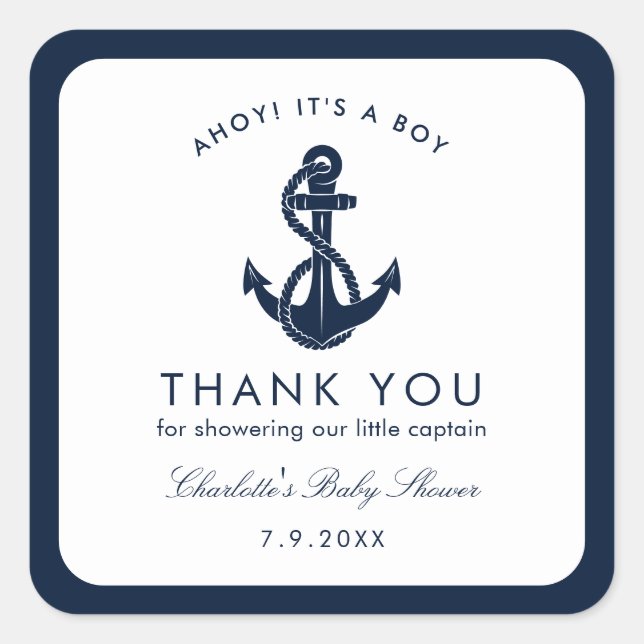 Nautical Navy Blue Anchor Baby Dusche Vielen Dank Quadratischer Aufkleber (Vorderseite)