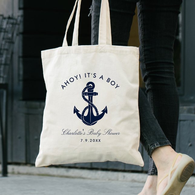 Nautical Navy Blue Anchor Baby Shooter Personalisi Tragetasche (Nautical Anchor Boy Baby Shower Tote Bag)