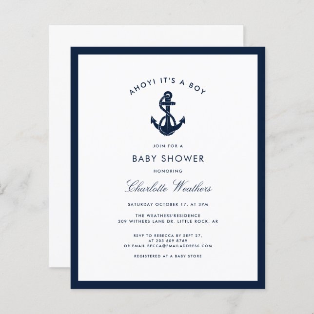 Nautical Navy Blue Anchor Baby Shower Einladung (Vorne/Hinten)