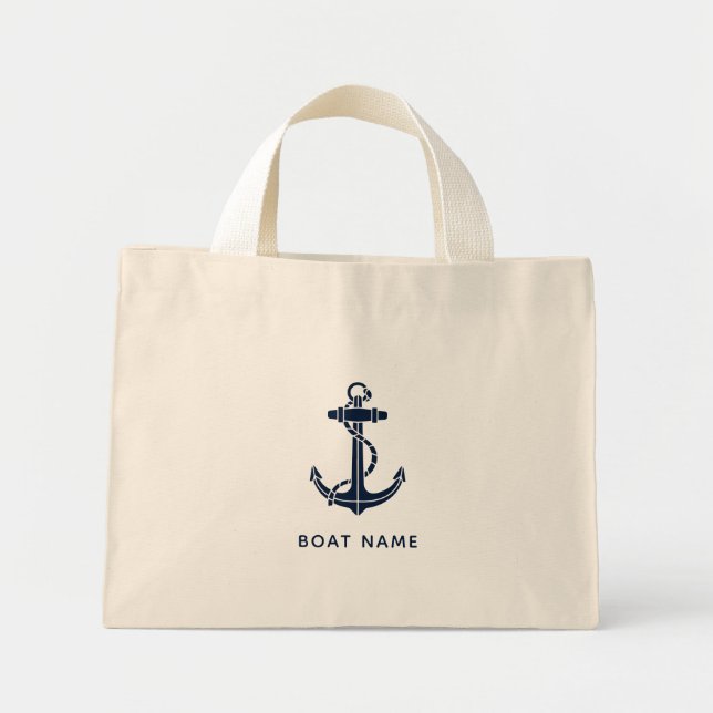 Nautical Navy Blue Anchor Boat Name Custom Mini Stoffbeutel (Vorne)
