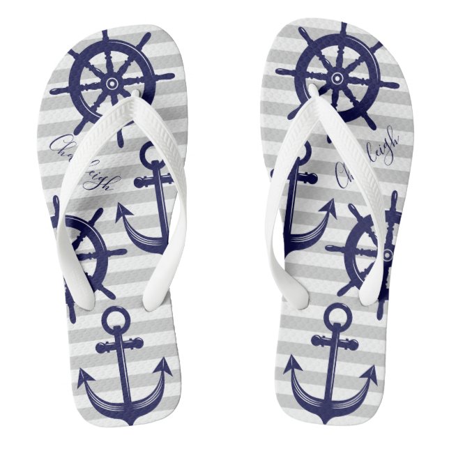 Nautical Navy Blue Anchor Boat Wheel Gray Stripe Flip Flops (Fußbett)