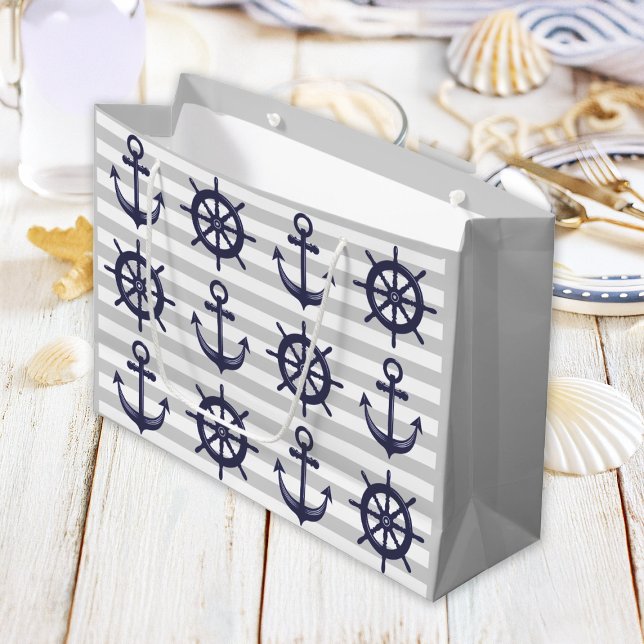 Nautical Navy Blue Anchor Boat Wheel Gray Stripe Große Geschenktüte (Von Creator hochgeladen)