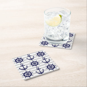 Nautical Navy Blue Anchor Boat Wheel Gray Stripe Rechteckiger Pappuntersetzer