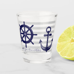 Nautical Navy Blue Anchor Boat Wheel Gray Stripe Schnapsglas