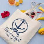 Nautical Navy Blue Anchor Custom Wedding Location Tragetasche<br><div class="desc">Die Nautical Tote Tasche verfügt über einen marineblauen Bootanker mit dekorativem Seilrahmen und eigenem Text,  der für Ihren Urlaub oder besondere Veranstaltung personalisiert sein kann.</div>