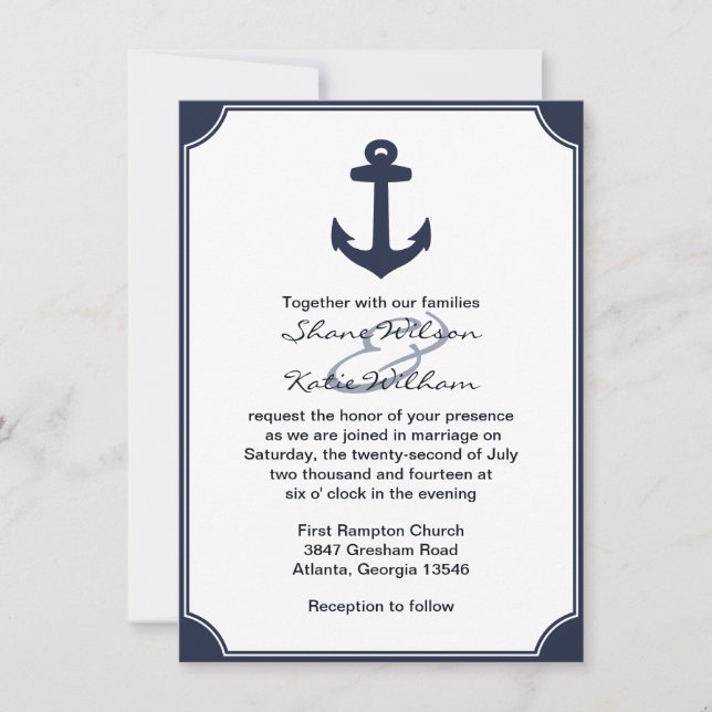 Nautical Navy Blue Anchor Hochzeit Einladung (Vorderseite)