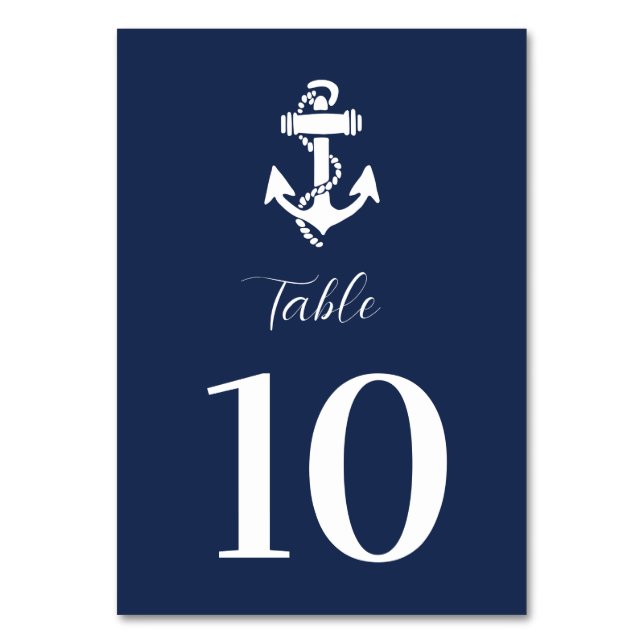Nautical Navy Blue Anchor Moderne Elegante Hochzei Tischnummer (Vorderseite)