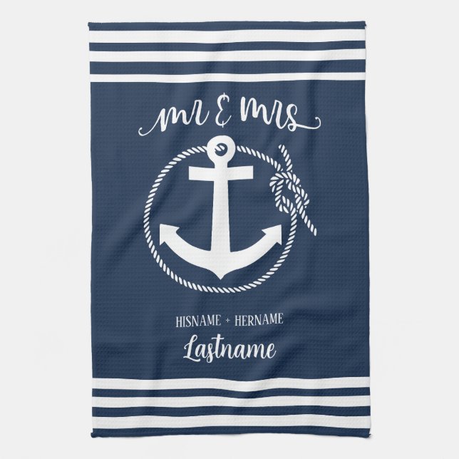 Nautical Navy Blue Anchor Mr. and Mrs. Geschirrtuch (Vertikal)