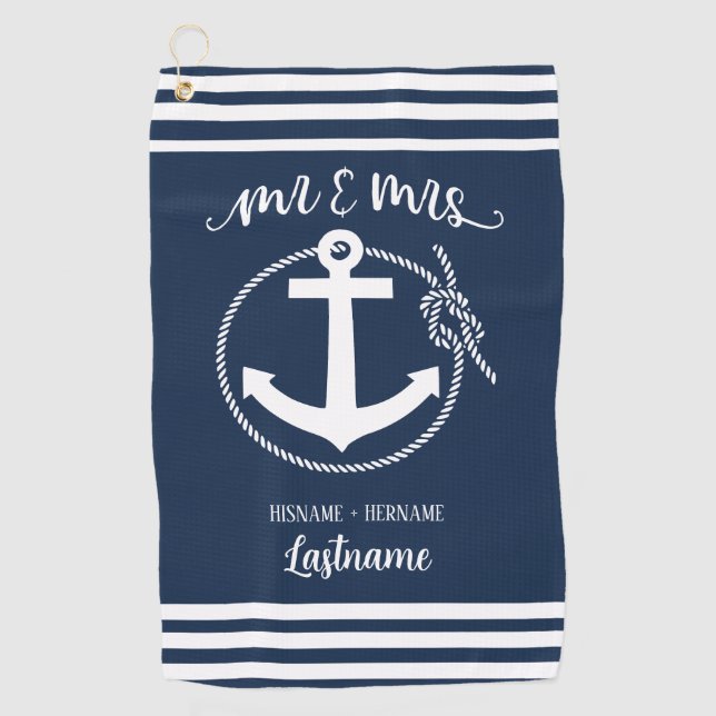 Nautical Navy Blue Anchor Mr. and Mrs. Golfhandtuch (Vorderseite)