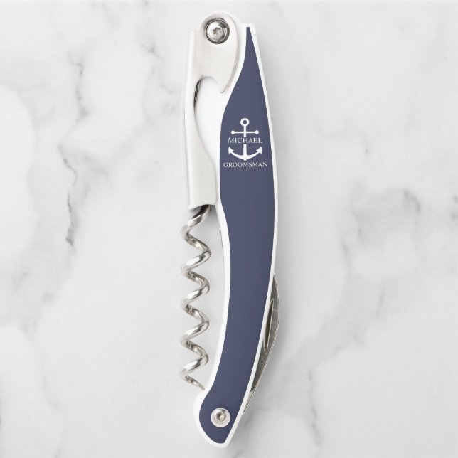 Nautical Navy Blue Anchor Personalized Groomsmen Kellnermesser (Vorderseite)