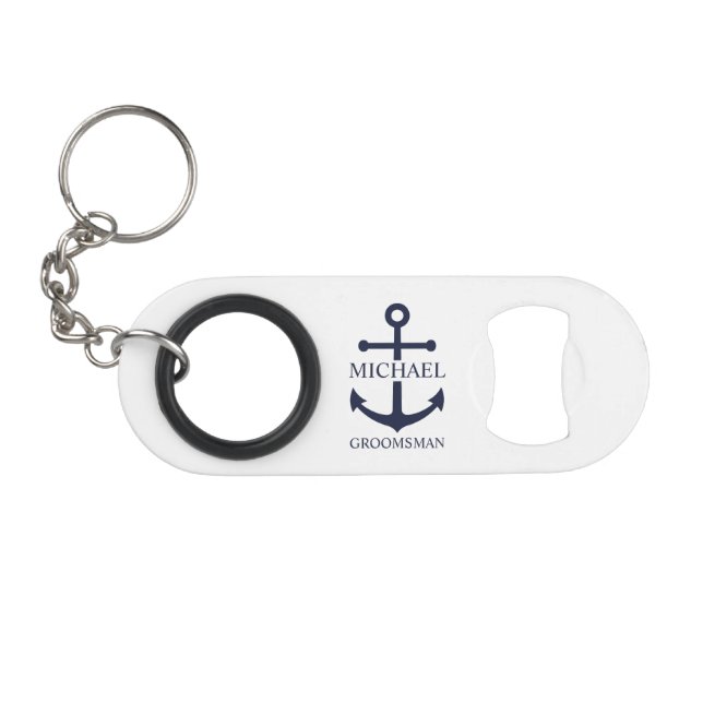 Nautical Navy Blue Anchor Personalized Groomsmen Mini Flaschenöffner (Vorderseite (Horizontal))