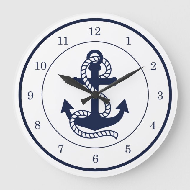 Nautical Navy blue Anchor {pick your color} Große Wanduhr (Vorderseite)