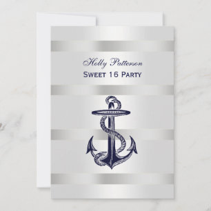 Nautical Navy Blue Anchor Silver Wt BG V Sweet 16 Einladung