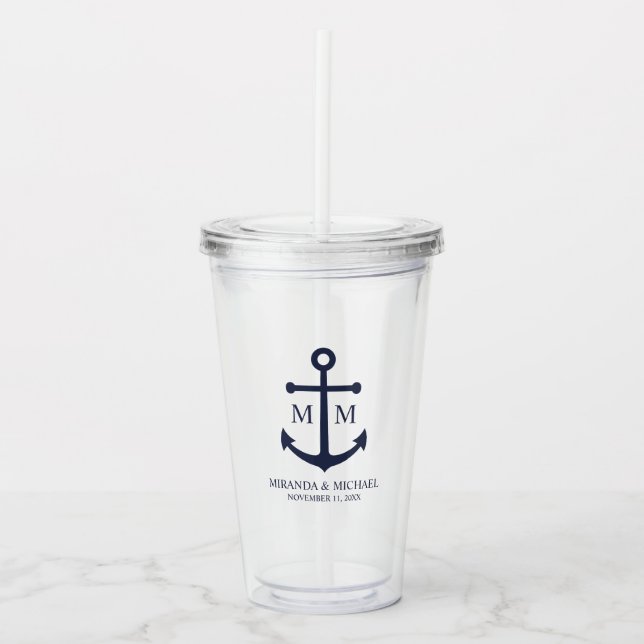 Nautical Navy Blue Anchor Wedding Acryltrinkbecher (Vorderseite)