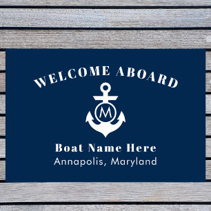 Nautical Navy Blue Anchor Welcome Aboard Boat Name Fußmatte