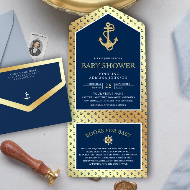 Nautical Navy Blue and Gold Anchor Baby Dusche All In One Einladung (Von Creator hochgeladen)
