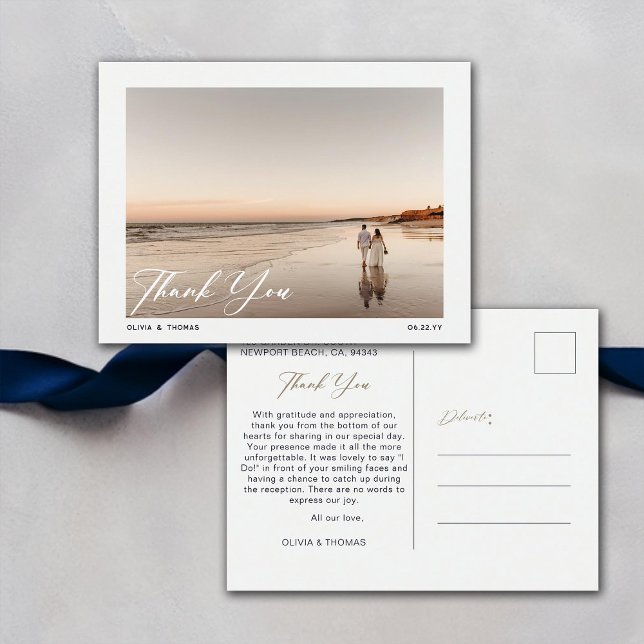 Nautical Navy Blue Beach Wedding Foto Vielen Dank Postkarte (nautical navy beach wedding photo thank you postcard modern romantic elegant bohemian summer winter)