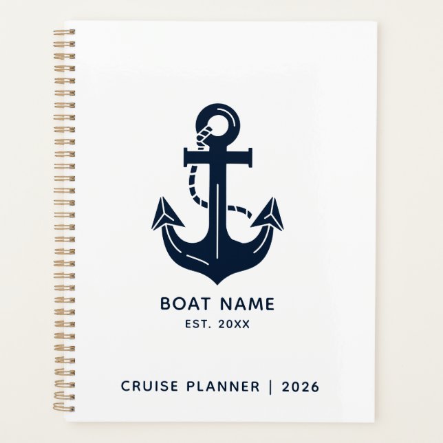 Nautical Navy Blue Boat Name Anchor Planer (Vorderseite)