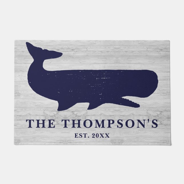 Nautical Navy Blue Family Name Whale Vacacacation  Fußmatte (Vorderseite)