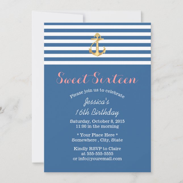 Nautical Navy Blue Gold Anchor Sweet 16 Einladung (Vorderseite)