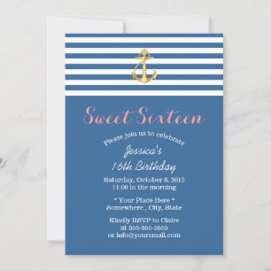 Nautical Navy Blue Gold Anchor Sweet 16 Einladung