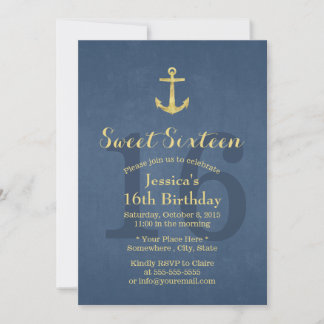 Nautical Navy Blue Gold Anchor Sweet 16 Einladung
