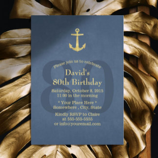 Nautical Navy Blue Gold Anker 80. Geburtstagsparty Einladung